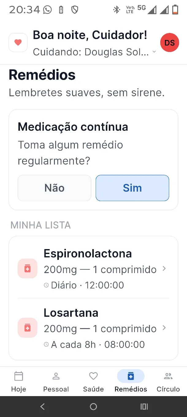 Tela Remédios do Meucuidado App: pergunta sobre medicação contínua e lista com Espironolactona e Losartana, com horários de lembrete